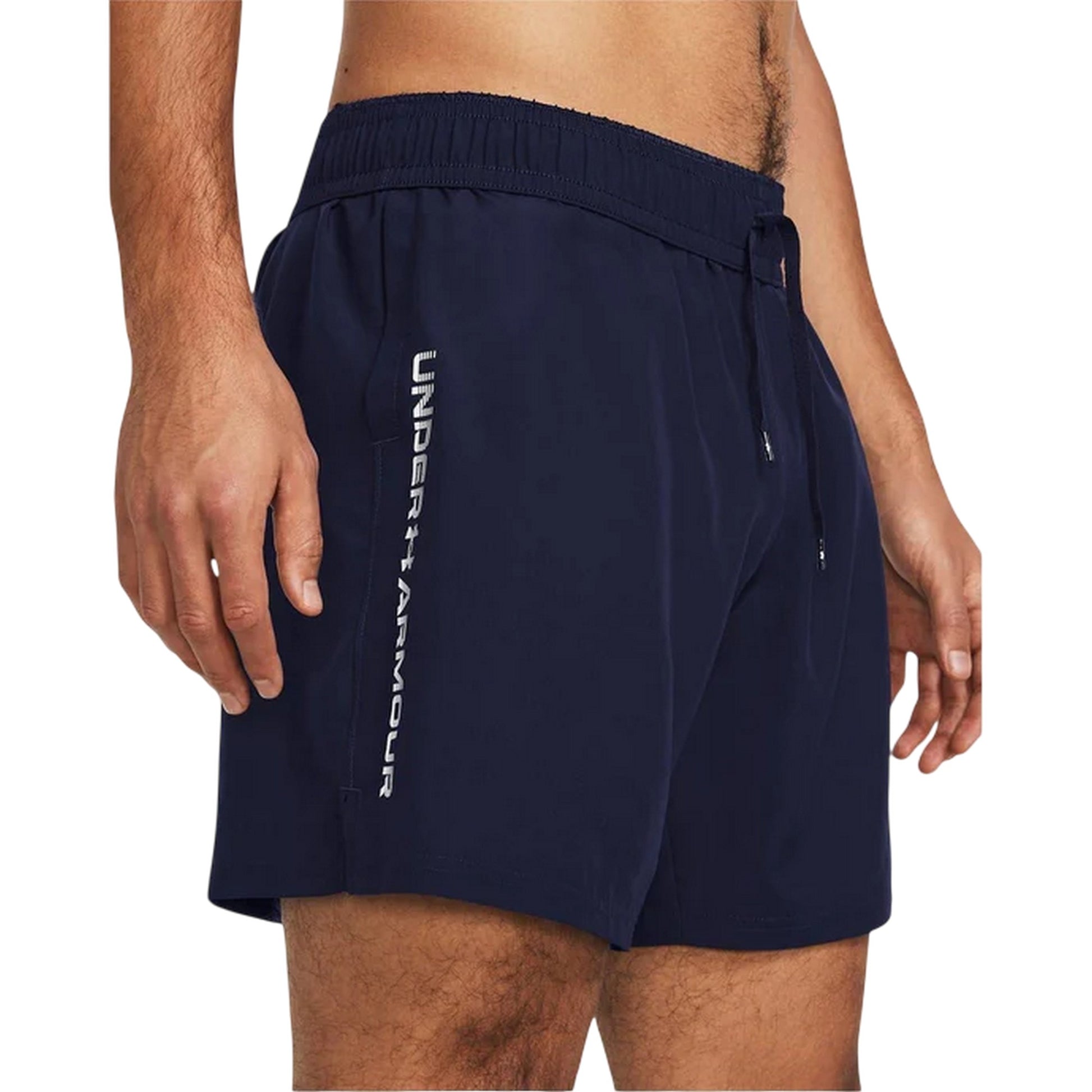 Academy Blue-White - Side - Under Armour Mens Wordmarks Woven Tech Shorts
