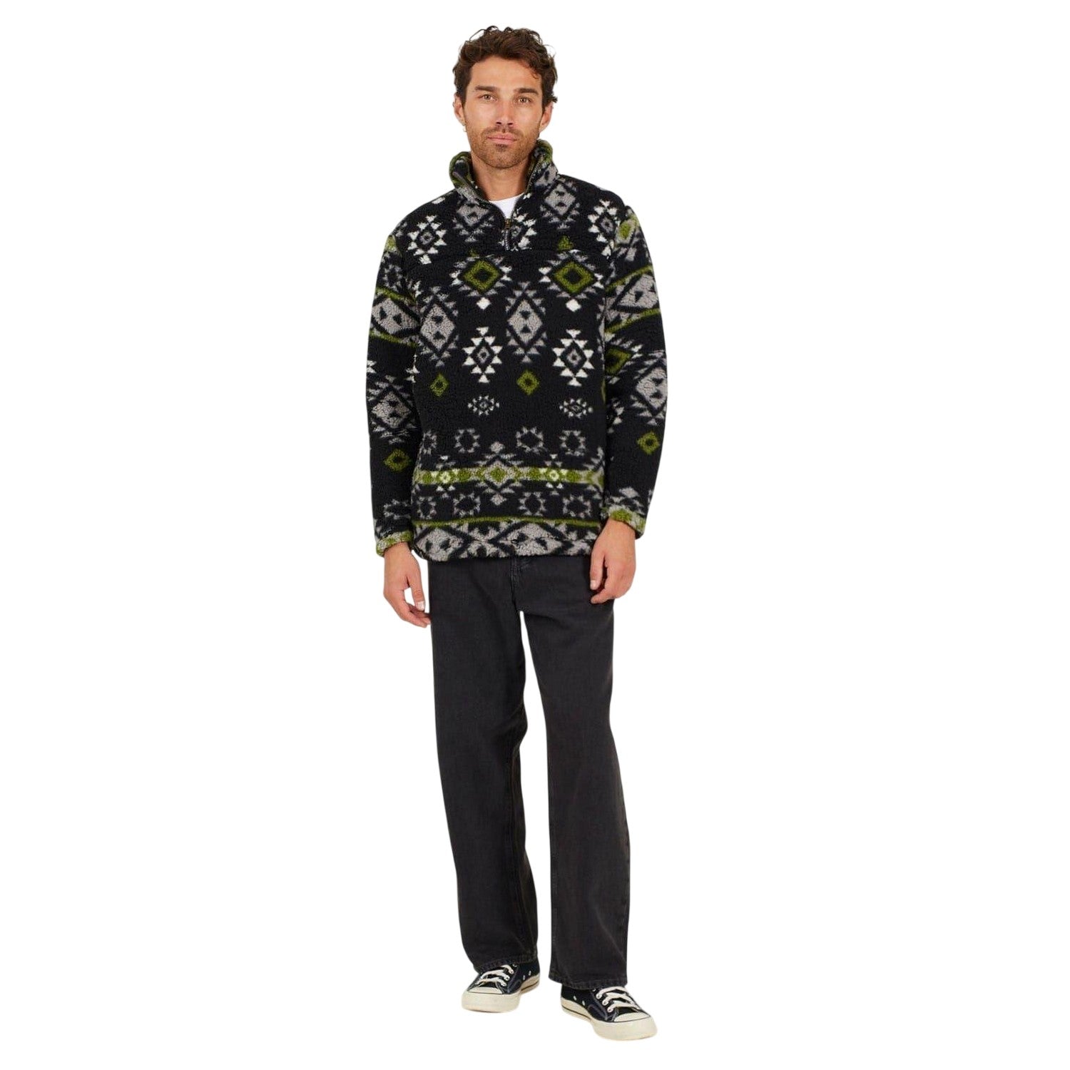Green - Lifestyle - Brave Soul Mens Aztec Fleece Long-Sleeved Sweatshirt
