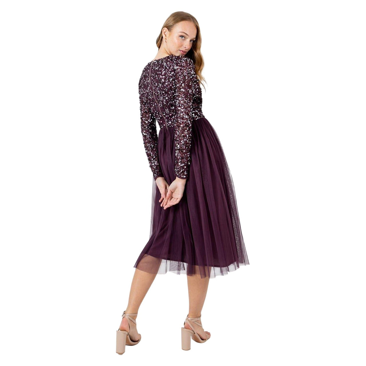 Berry - Back - Deluxe Womens-Ladies Sequin V Neck Midi Dress