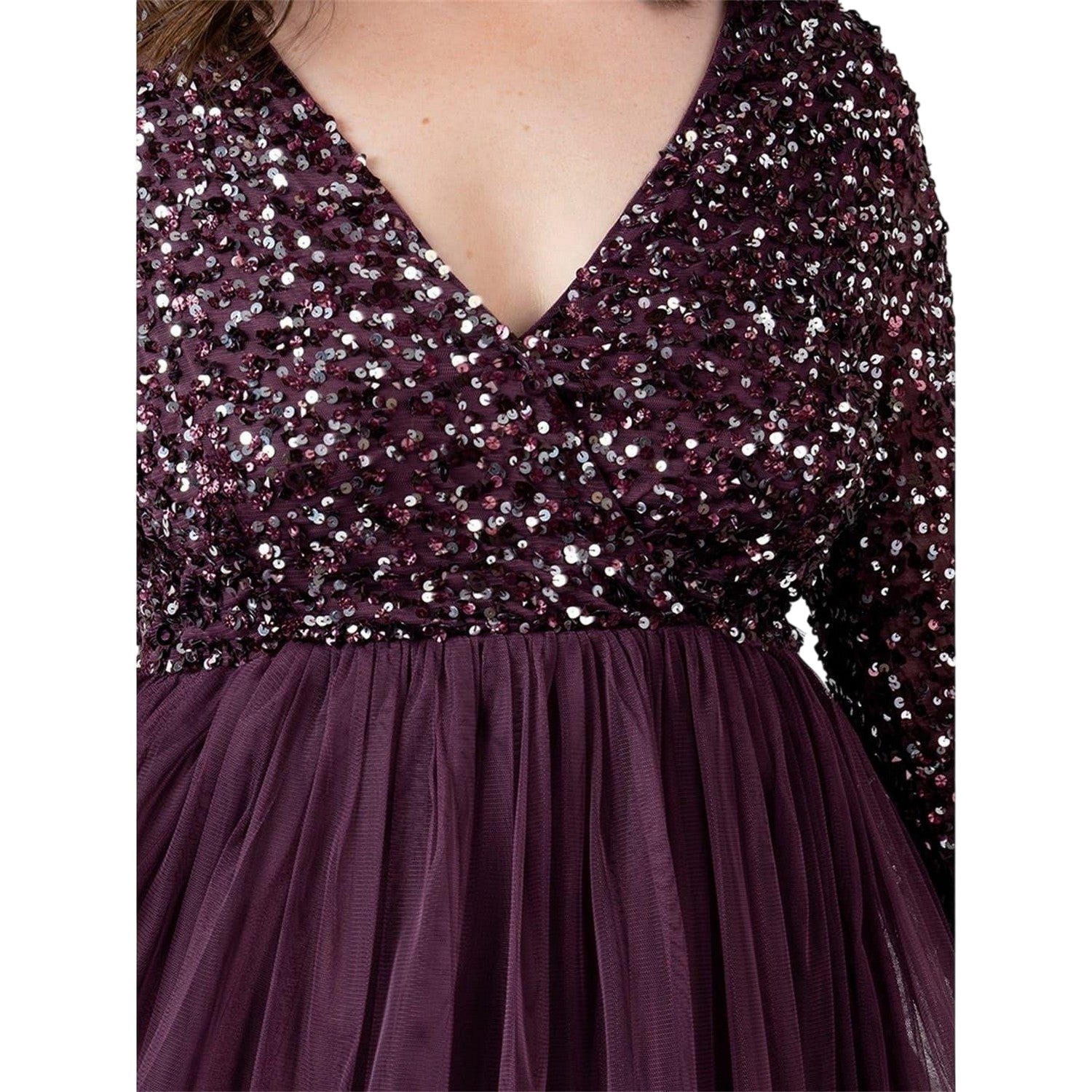 Berry - Side - Deluxe Womens-Ladies Sequin V Neck Midi Dress