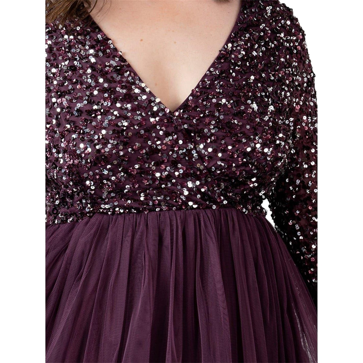 Berry - Side - Deluxe Womens-Ladies Sequin V Neck Midi Dress