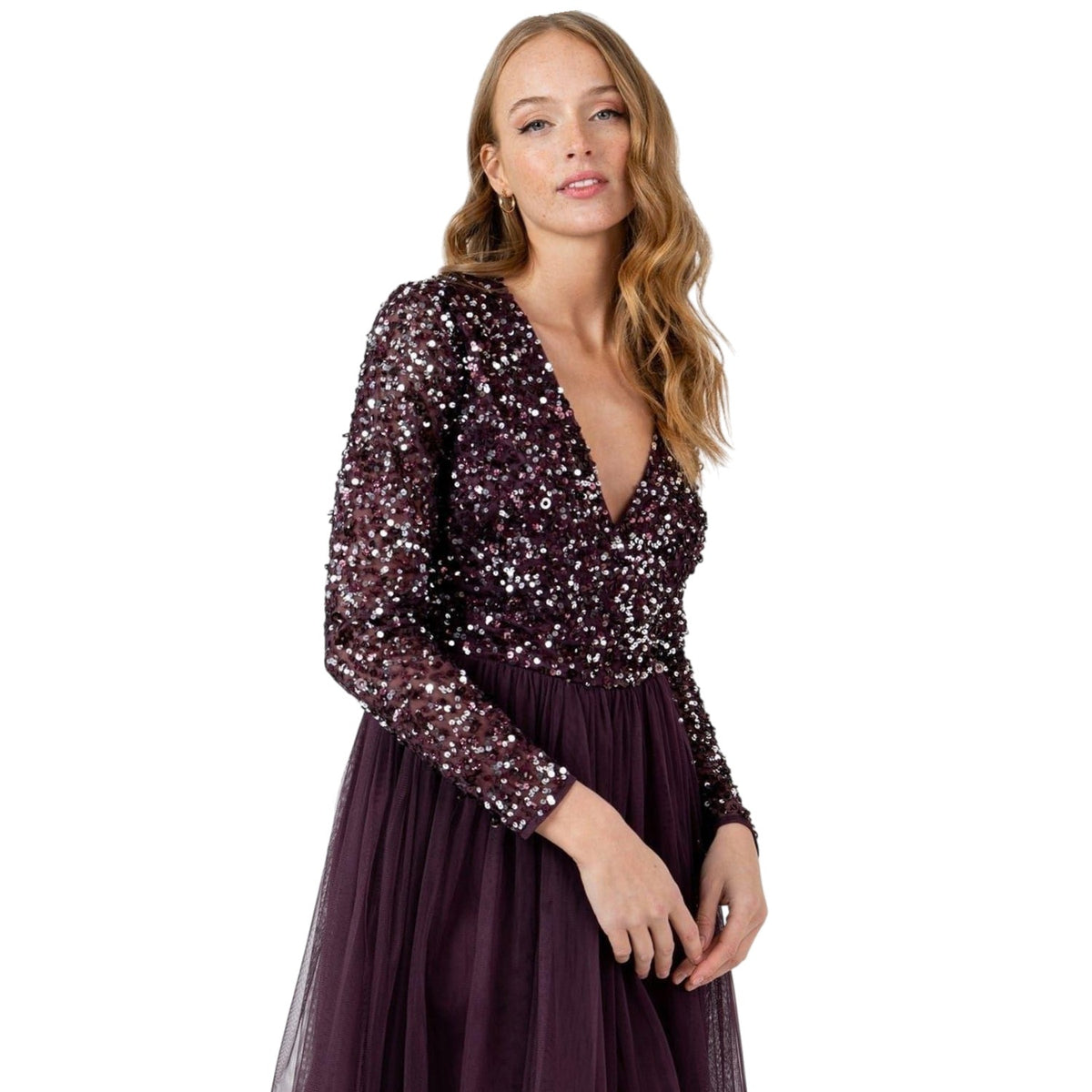 Berry - Front - Deluxe Womens-Ladies Sequin V Neck Midi Dress