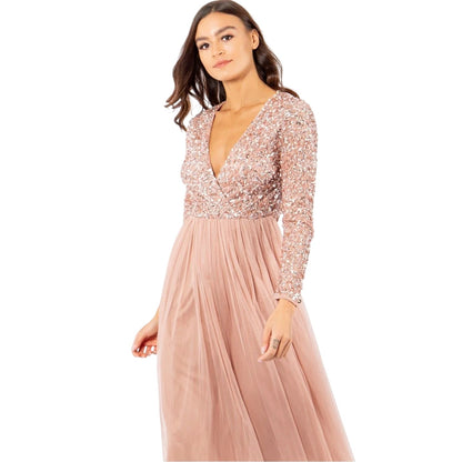 Pale Mauve - Front - Deluxe Womens-Ladies V Neck Long-Sleeved Wrap Dress