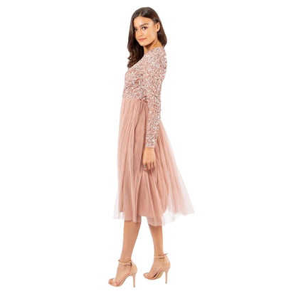 Pale Mauve - Side - Deluxe Womens-Ladies V Neck Long-Sleeved Wrap Dress