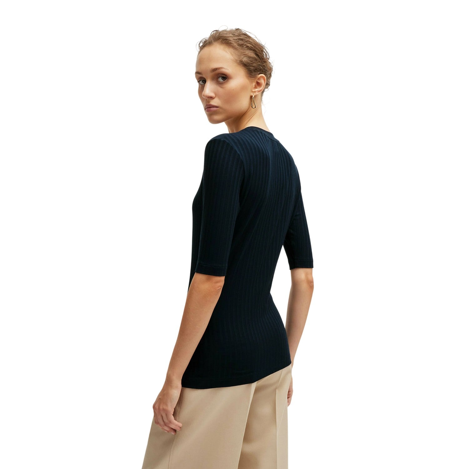 Dark Blue - Back - Boss Womens-Ladies Effilie Ribbed T-Shirt
