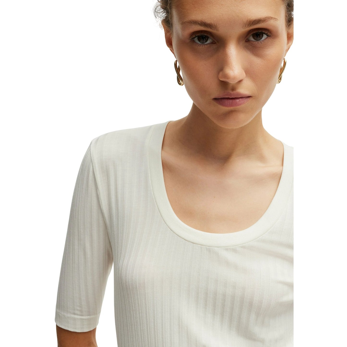 White - Side - Boss Womens-Ladies Effilie Ribbed T-Shirt