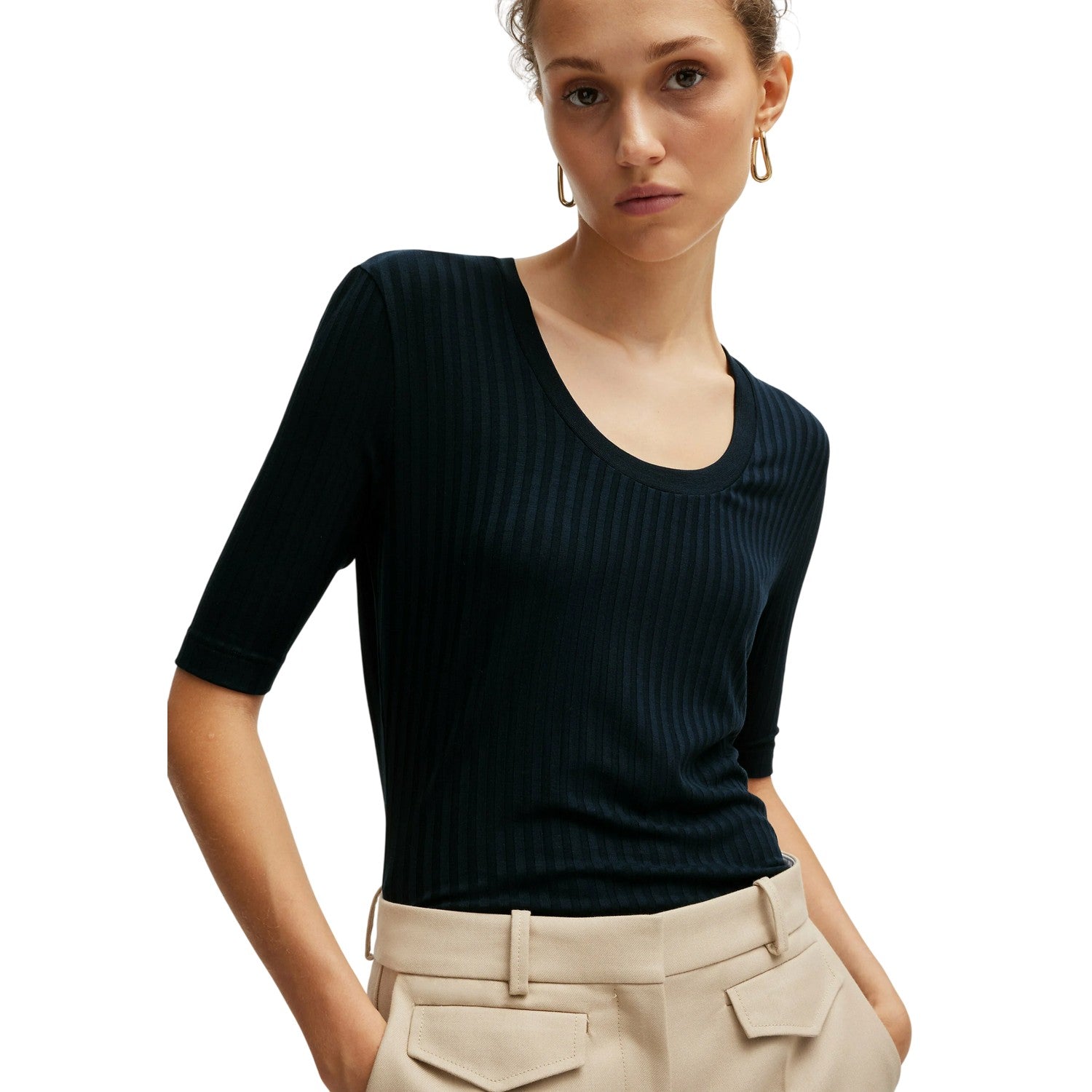Dark Blue - Side - Boss Womens-Ladies Effilie Ribbed T-Shirt