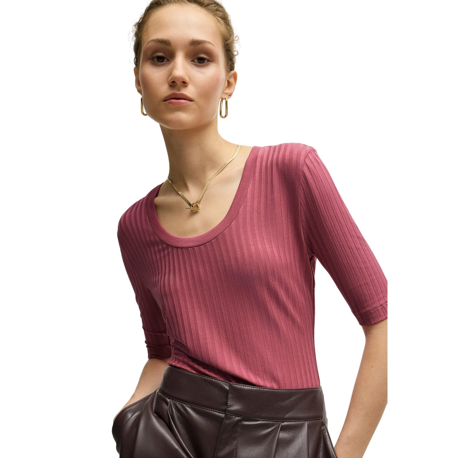 Red - Side - Boss Womens-Ladies Effilie Ribbed T-Shirt