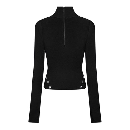 Black - Back - Off White Womens-Ladies Eyelets Mock Neck Top