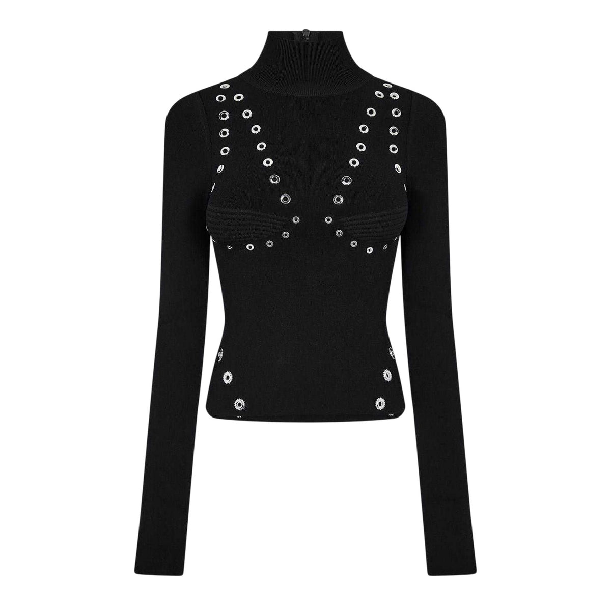 Black - Front - Off White Womens-Ladies Eyelets Mock Neck Top