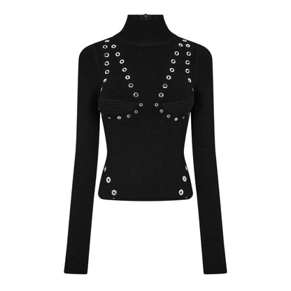 Black - Front - Off White Womens-Ladies Eyelets Mock Neck Top