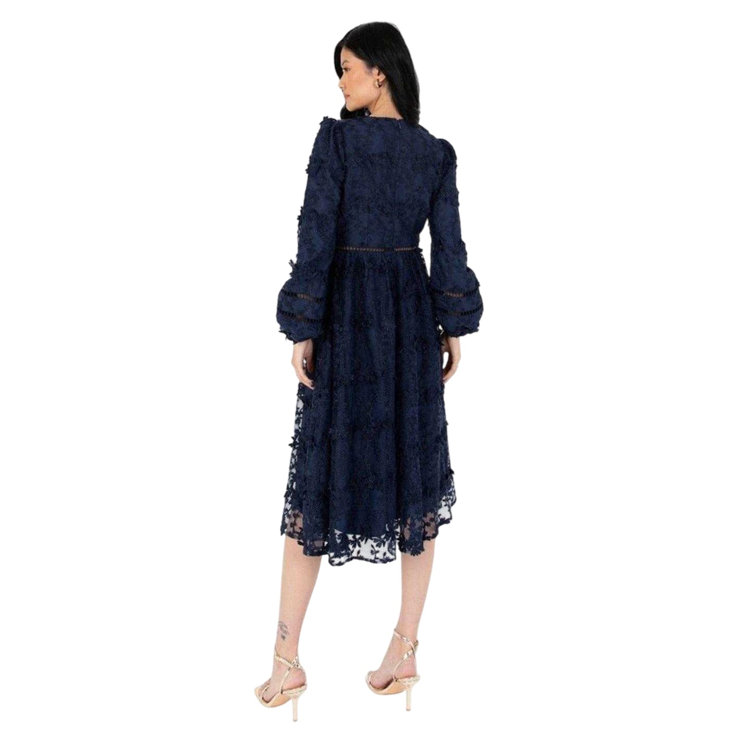 Navy - Back - Maya Deluxe Womens-Ladies Floral V Neck Midi Dress