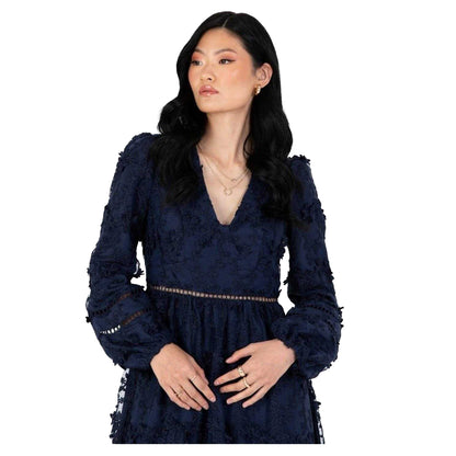 Navy - Side - Maya Deluxe Womens-Ladies Floral V Neck Midi Dress