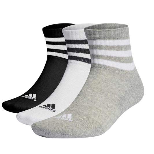 Grey-White-Black - Front - Adidas Unisex Adult 3 Stripes Quarter Cotton Blend Ankle Socks (Pack of 3)