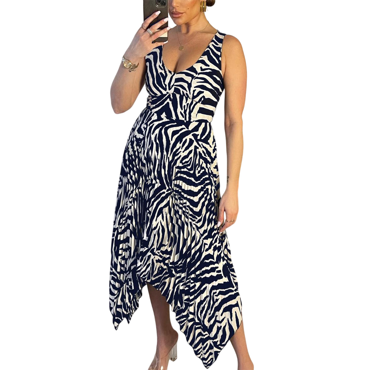 Navy-Cream - Side - AX Paris Womens-Ladies Zebra Print Pleated Midi Dress