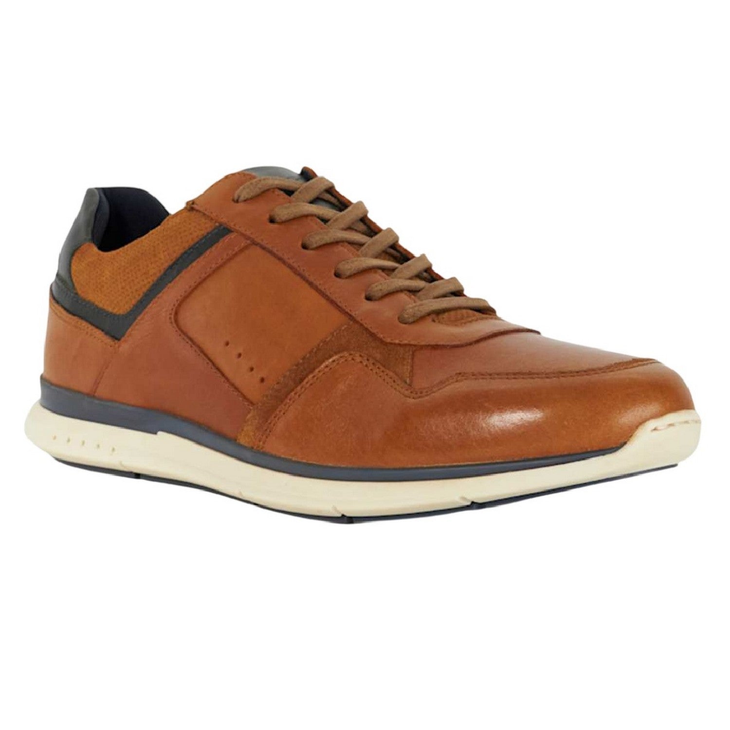 Tan - Front - Dune London Mens Torben Leather Trainers