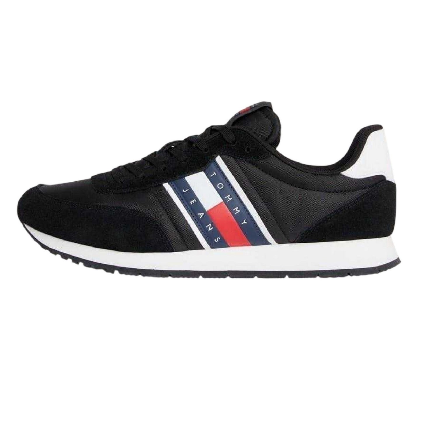 Black-White - Side - Tommy Jeans Mens TJM Classic Flag Logo Leather Running Trainers