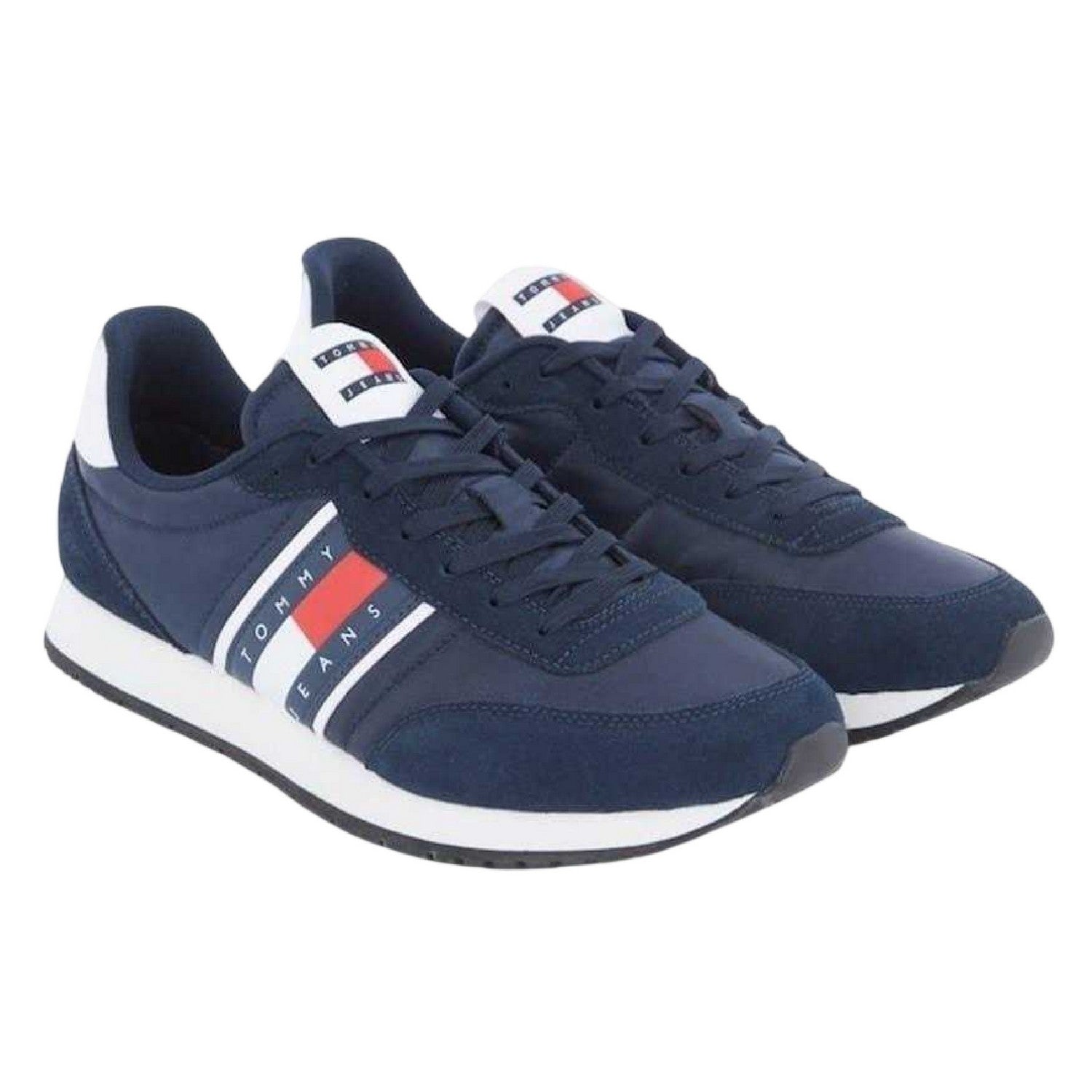 Navy-White - Front - Tommy Jeans Mens TJM Classic Flag Logo Leather Running Trainers