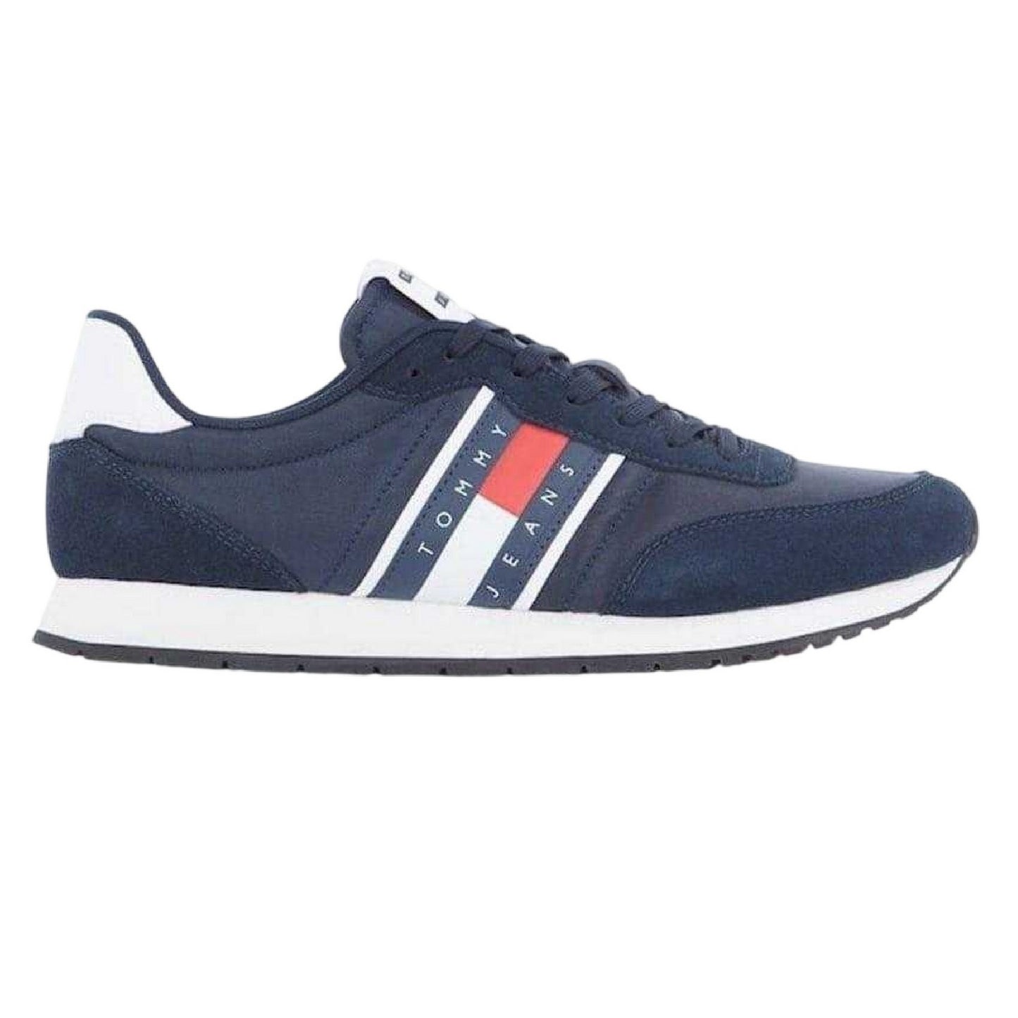 Navy-White - Back - Tommy Jeans Mens TJM Classic Flag Logo Leather Running Trainers