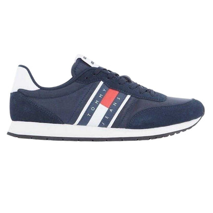 Navy-White - Back - Tommy Jeans Mens TJM Classic Flag Logo Leather Running Trainers