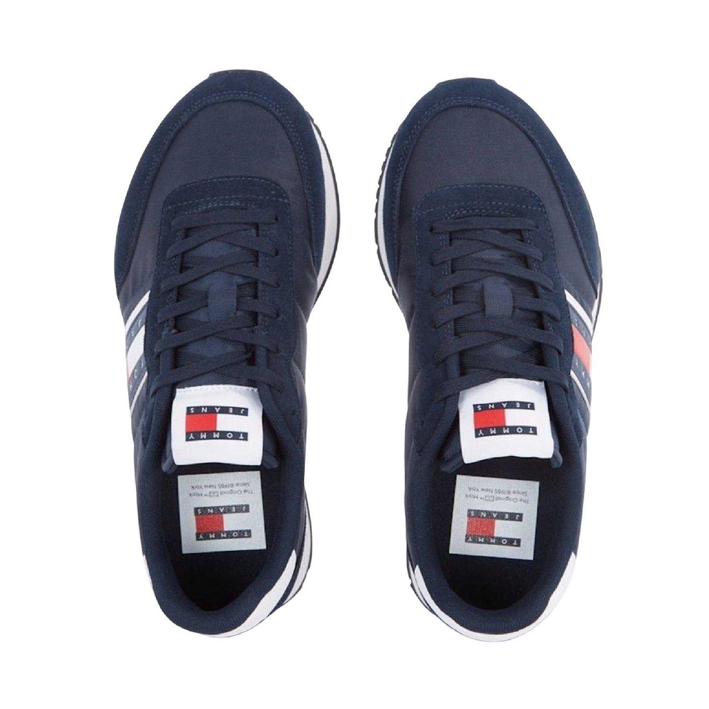 Navy-White - Side - Tommy Jeans Mens TJM Classic Flag Logo Leather Running Trainers