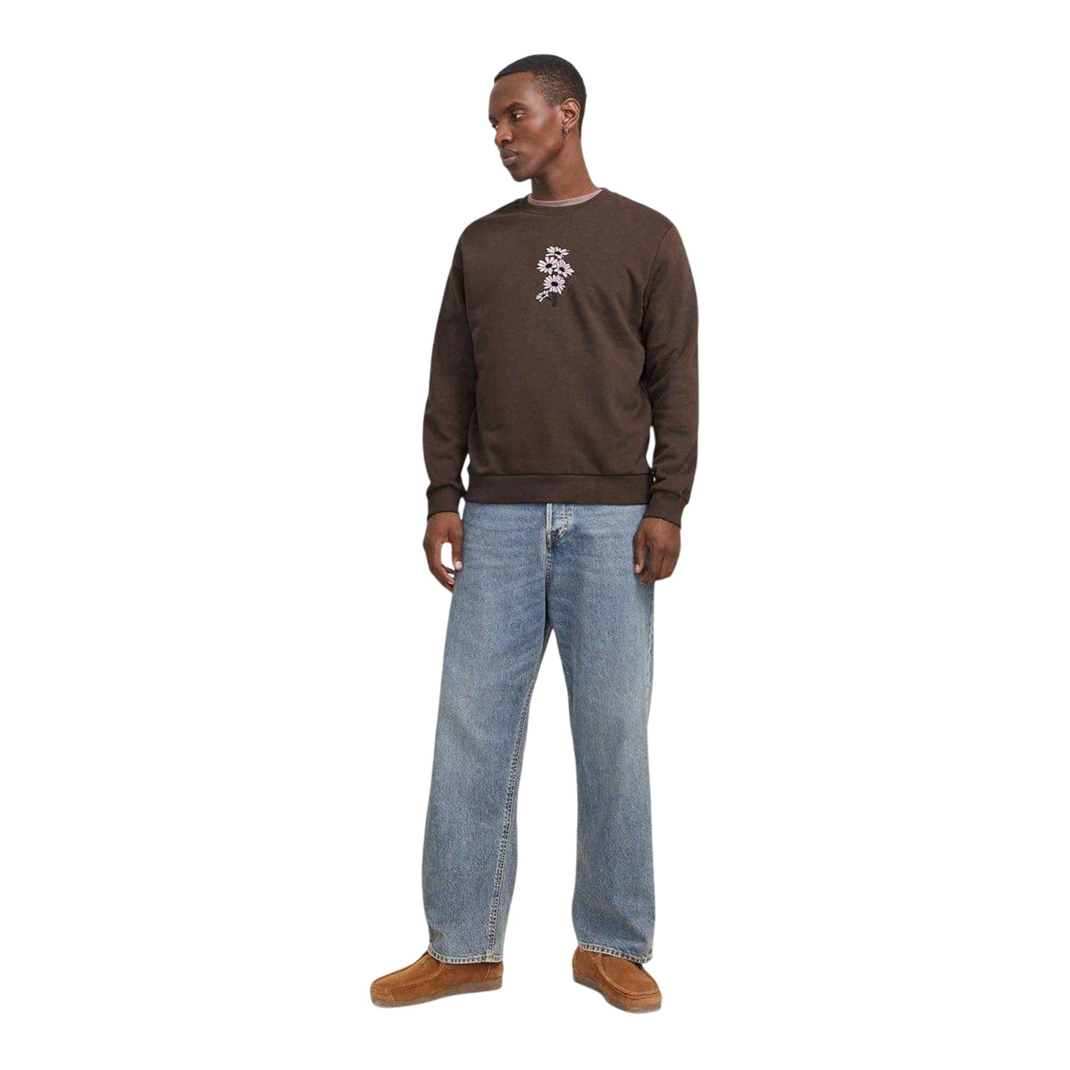 Chocolate Brown - Lifestyle - Jack And Jones Mens Embroidered Daisy Sweatshirt