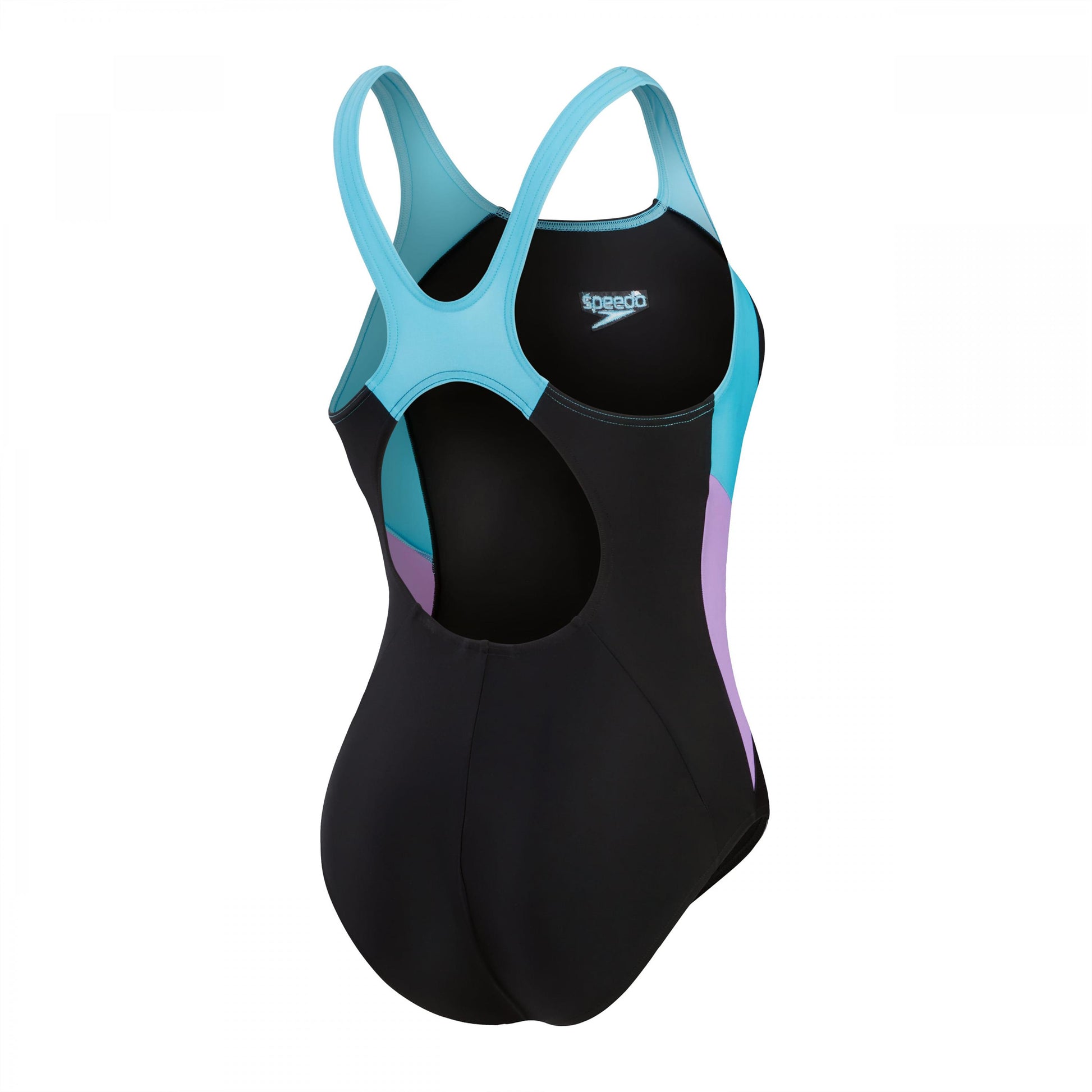 Black-Purple - Back - Speedo Womens-Ladies Splice Colour Block Muscleback One Piece Swimsuit