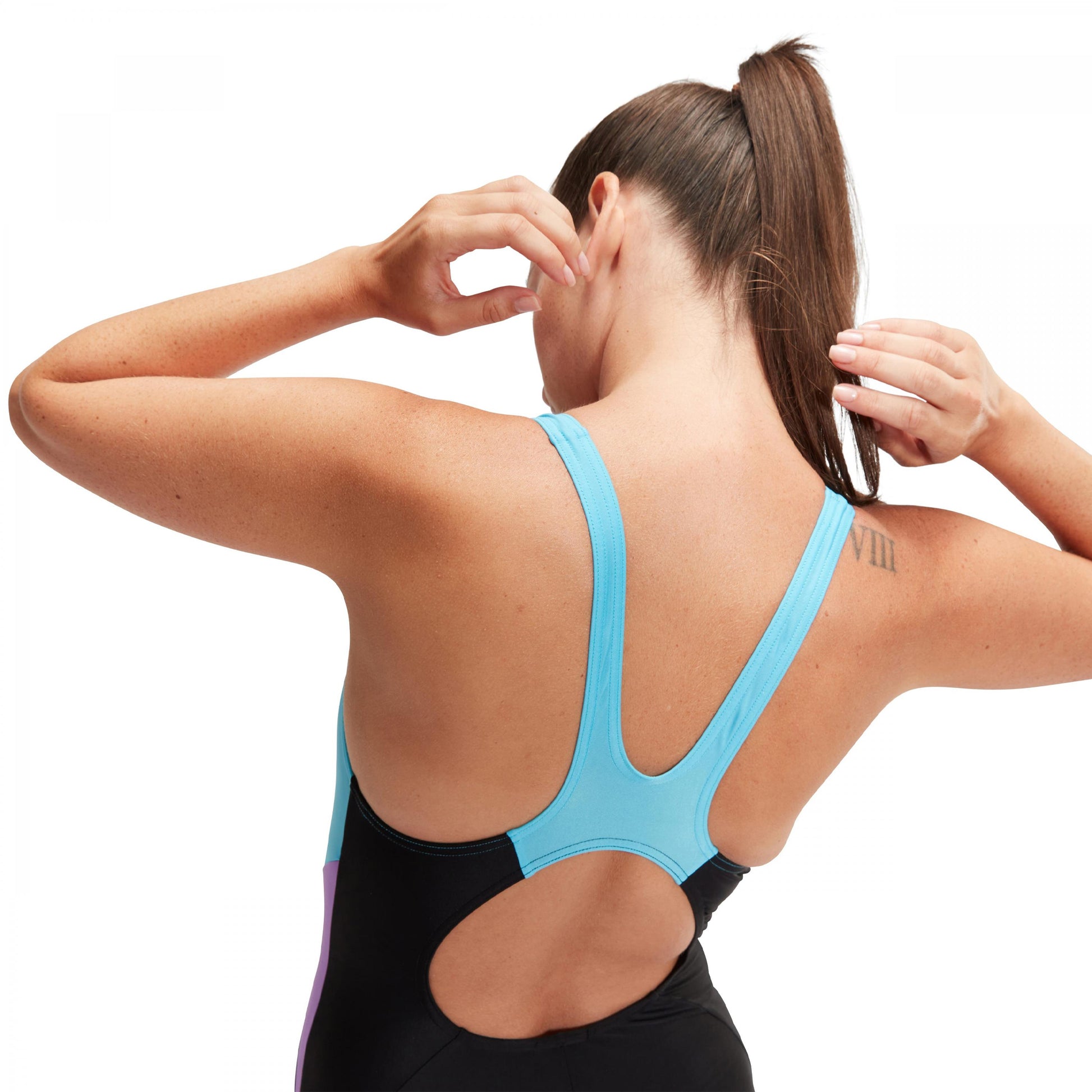 Black-Purple - Lifestyle - Speedo Womens-Ladies Splice Colour Block Muscleback One Piece Swimsuit