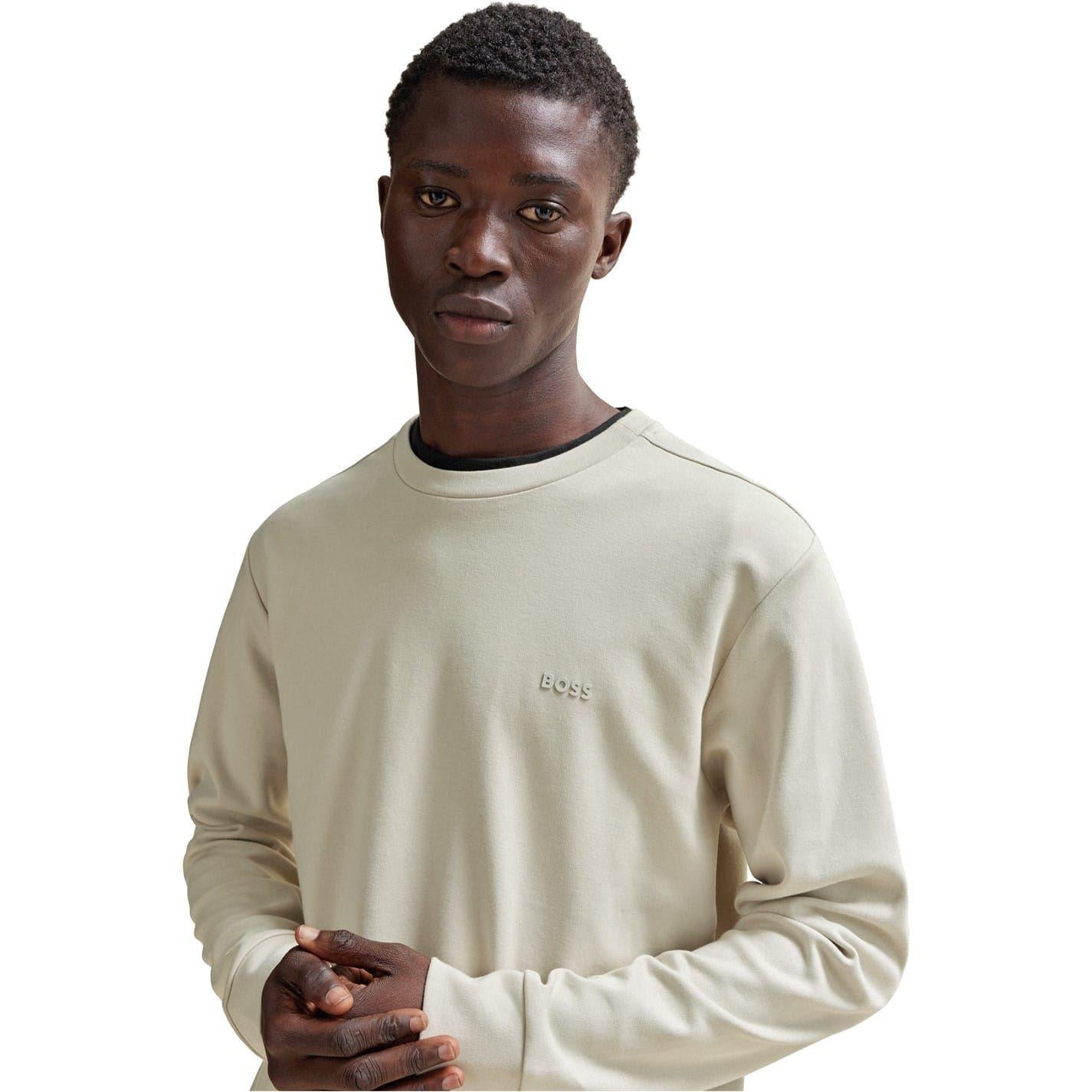 Light Beige - Side - Boss Mens Tonal Logo Ribbed Collar Raglan Sweatshirt