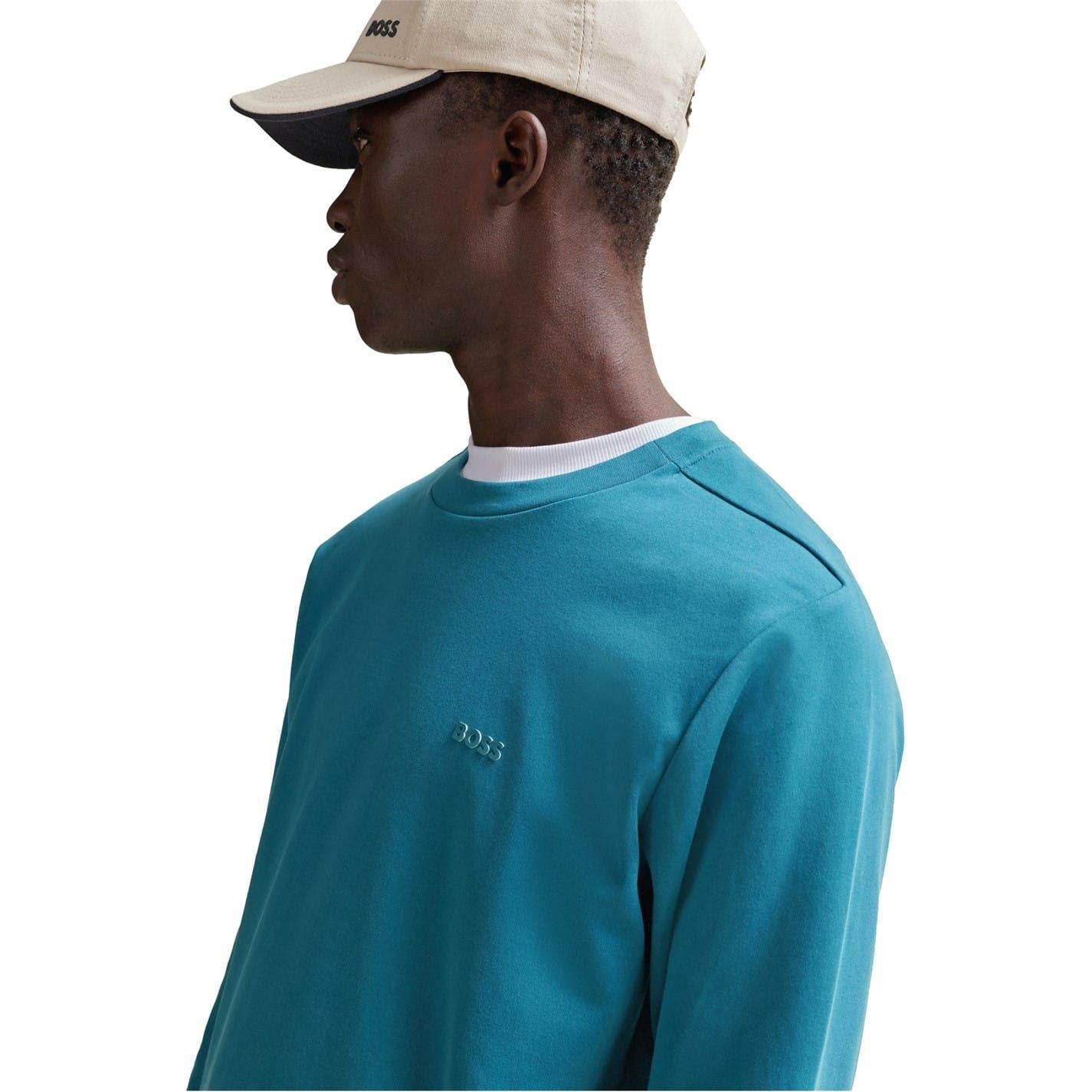 Medium Blue - Side - Boss Mens Tonal Logo Ribbed Collar Raglan Sweatshirt