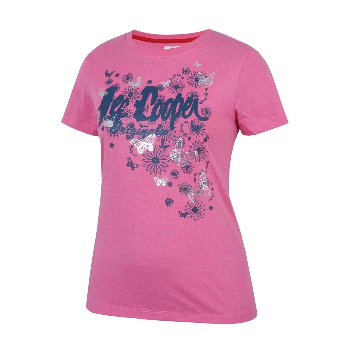 Pink Marl - Side - Lee Cooper Womens-Ladies Classic Butterfly Flowers T-Shirt