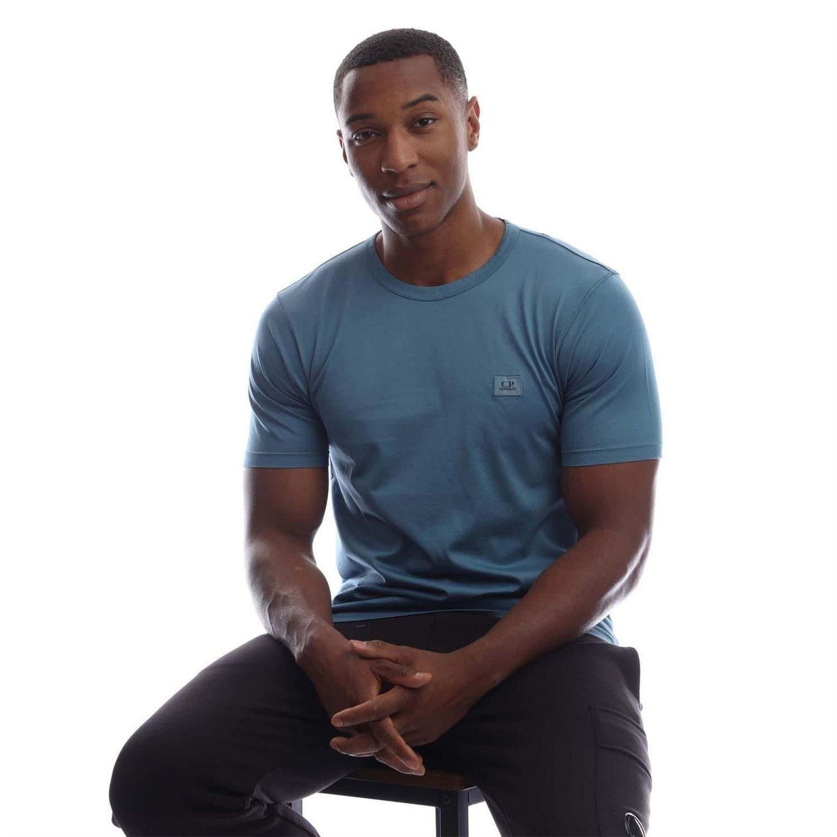 Blue - Side - C.P. Company Mens Patch Mercerised Cotton Logo T-Shirt