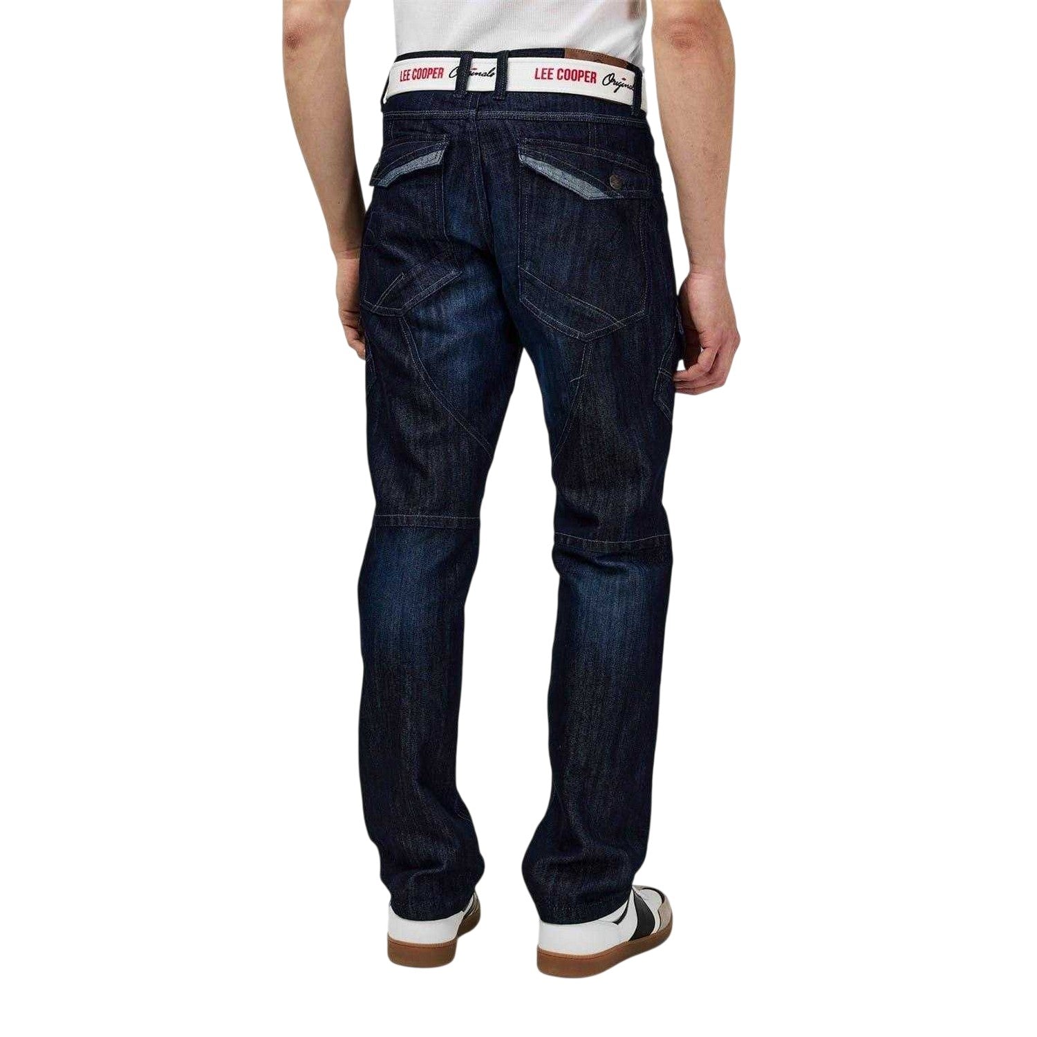 Dark Wash - Back - Lee Cooper Mens Belted Cargo Jeans