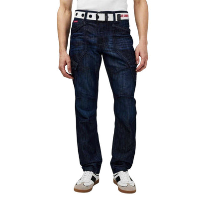 Dark Wash - Side - Lee Cooper Mens Belted Cargo Jeans