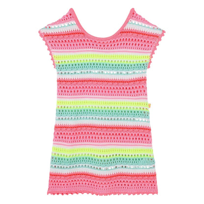 Multicoloured - Front - Billieblush Girls Contrast Striped Crochet A-line Mini Dress