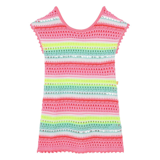 Multicoloured - Front - Billieblush Girls Contrast Striped Crochet A-line Mini Dress