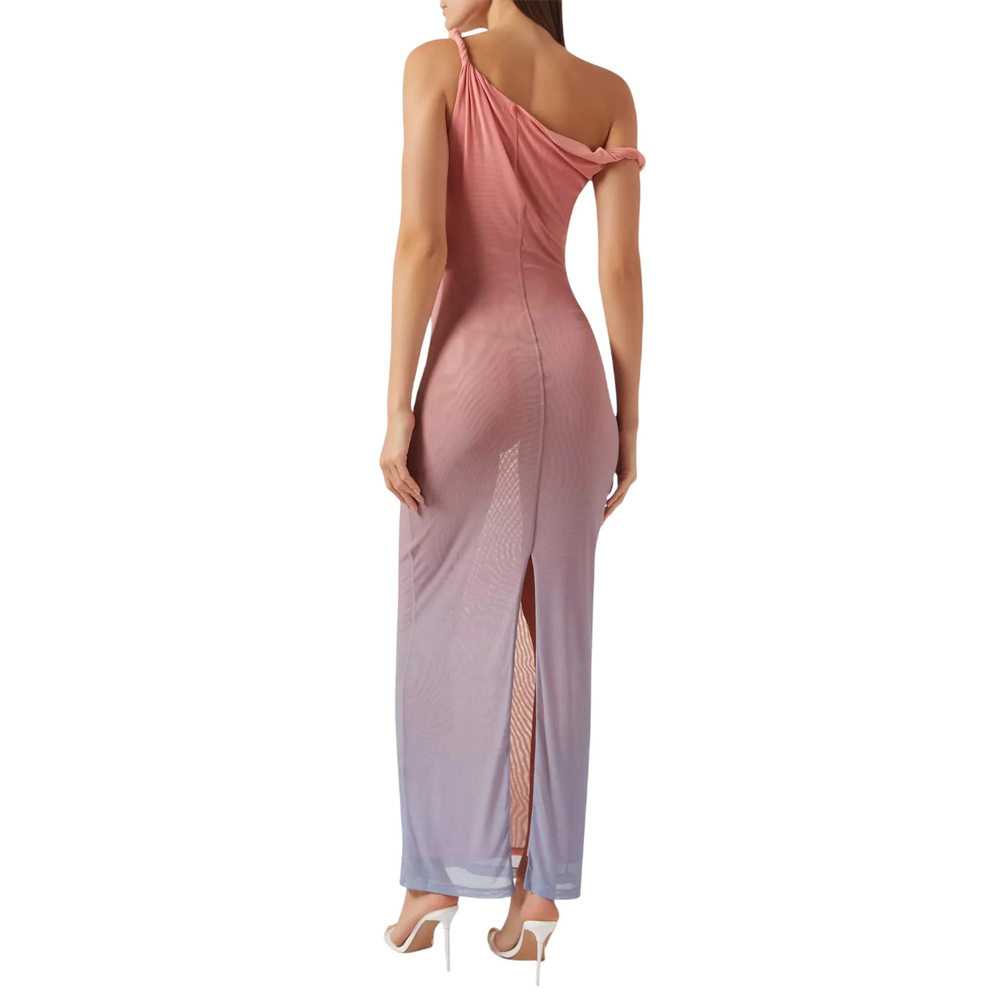 Sunset - Back - Good American Womens-Ladies Ombre Mesh Bodycon One Shoulder Maxi Dress