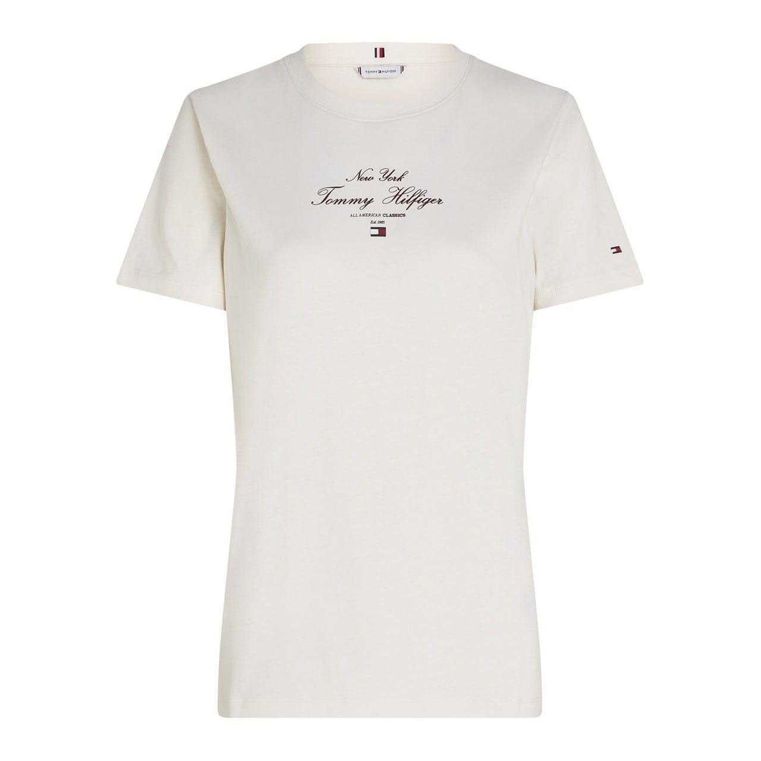 Ivory - Front - Tommy Hilfiger Womens-Ladies Script Cotton Regular T-Shirt