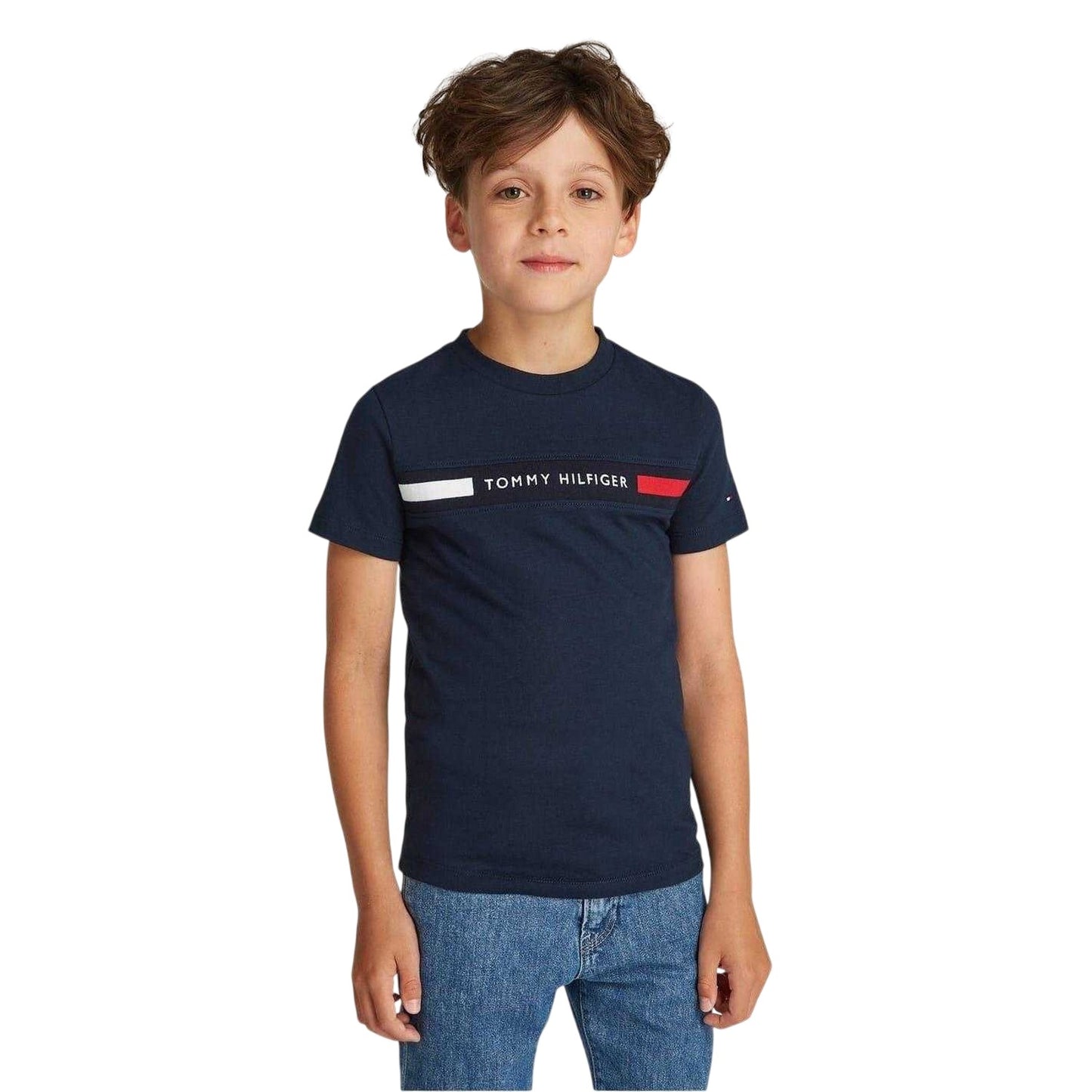 Navy - Side - Tommy Hilfiger Boys Block Stripe Ribbed Regular T-Shirt