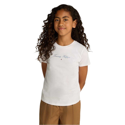 White - Side - Tommy Hilfiger Girls Script Crew Neck Slim T-Shirt