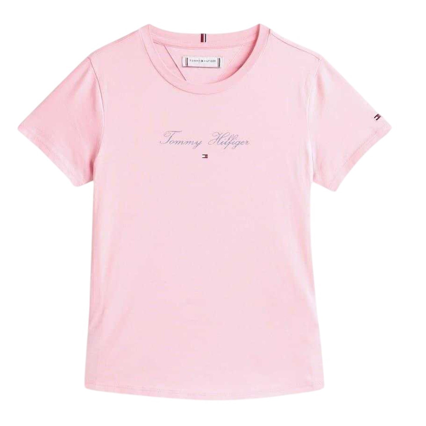 Pink - Front - Tommy Hilfiger Girls Script Crew Neck Slim T-Shirt