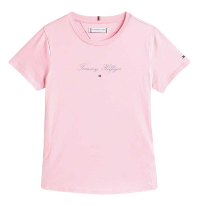 Pink - Front - Tommy Hilfiger Girls Script Crew Neck Slim T-Shirt