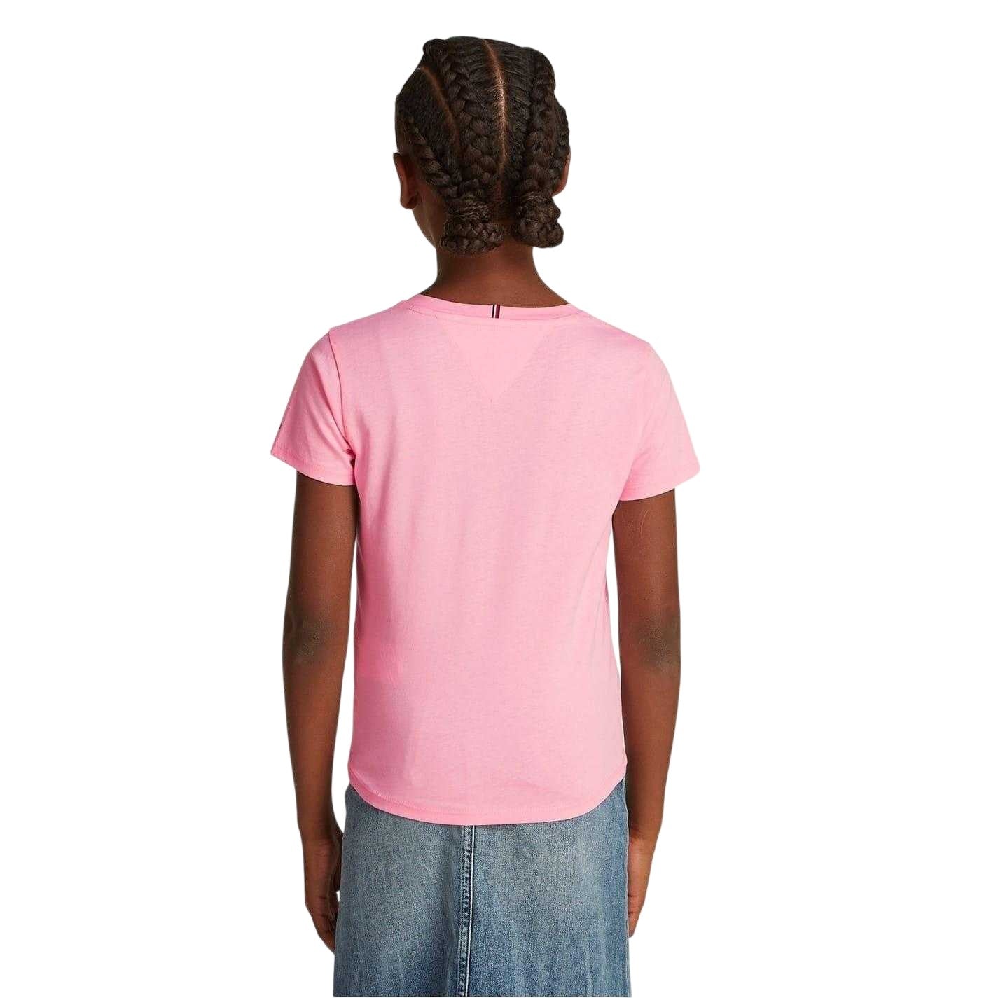 Pink - Back - Tommy Hilfiger Girls Script Crew Neck Slim T-Shirt