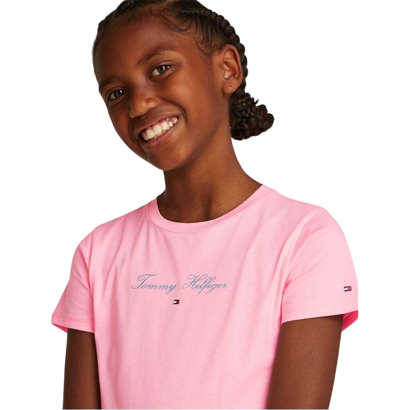 Pink - Side - Tommy Hilfiger Girls Script Crew Neck Slim T-Shirt