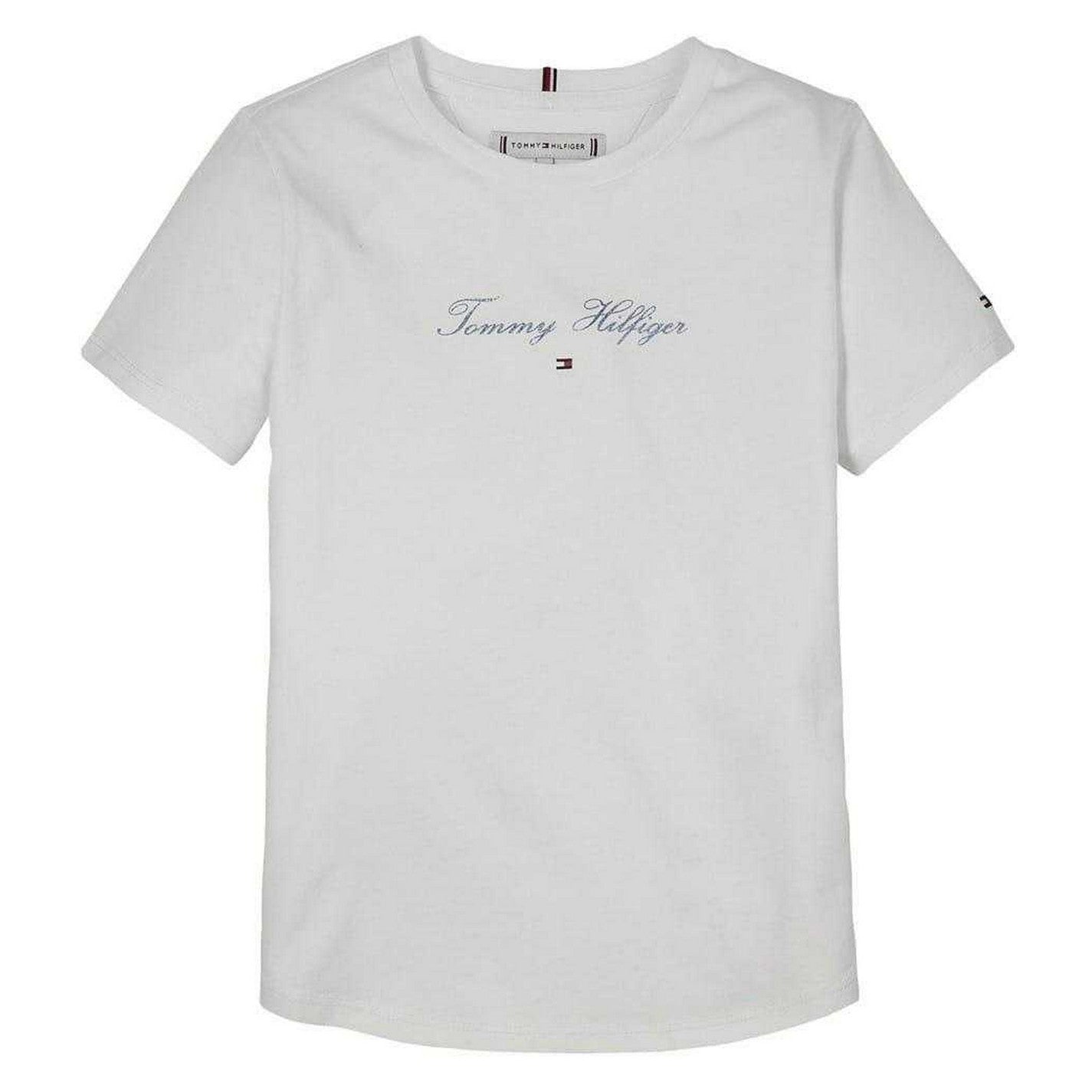 White - Front - Tommy Hilfiger Girls Script Crew Neck Slim T-Shirt