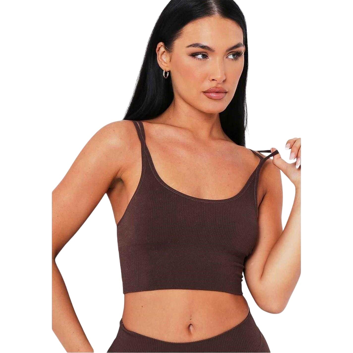 Chocolate - Front - Missy Empire Womens-Ladies Ribbed Dual Thinstrap Crop Top