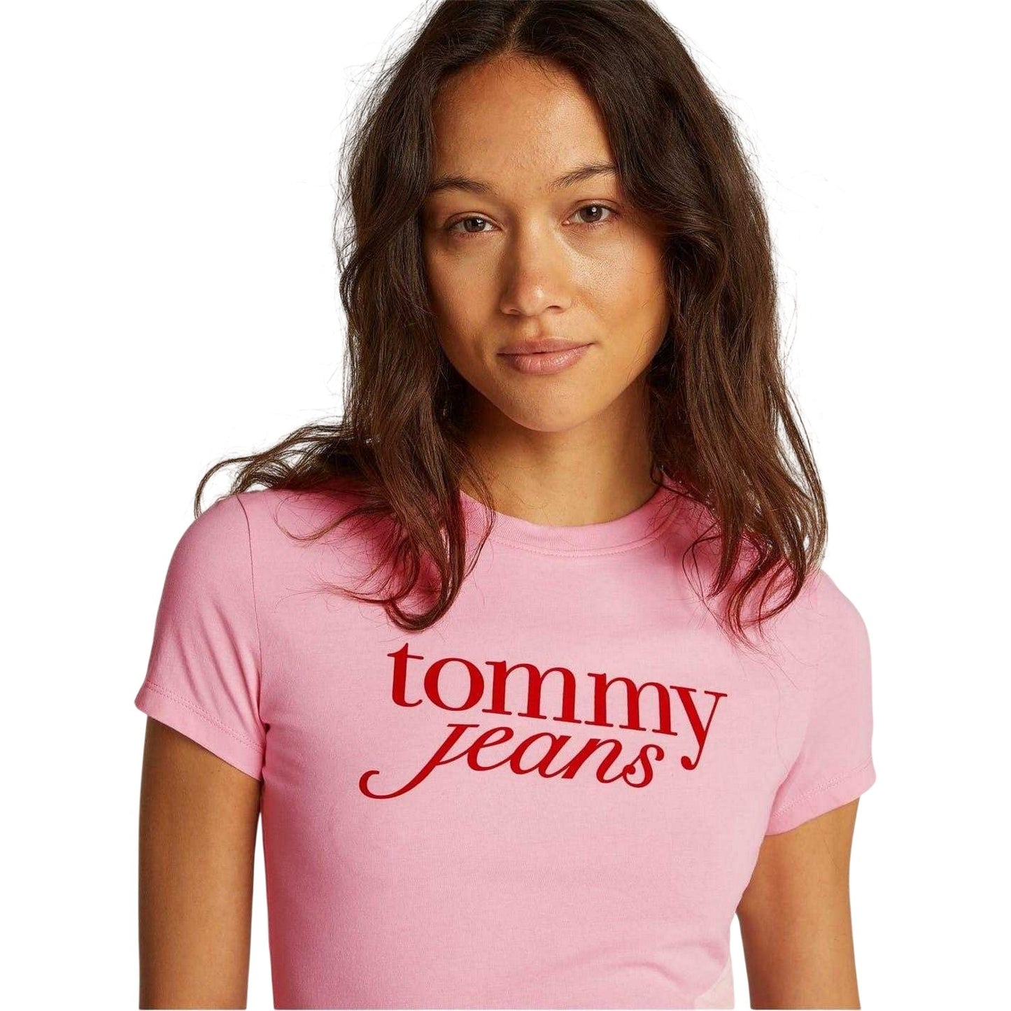 Pink - Side - Tommy Jeans Womens-Ladies Essential Logo Slim T-Shirt