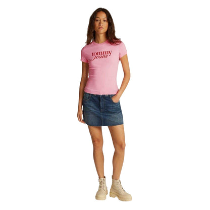 Pink - Pack Shot - Tommy Jeans Womens-Ladies Essential Logo Slim T-Shirt