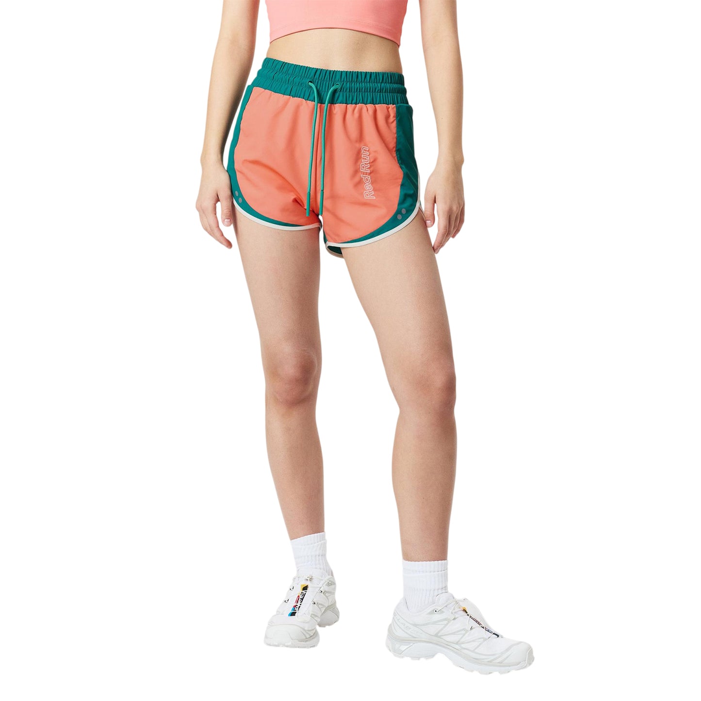 Salmon - Side - Red Run Womens-Ladies Colour Block Running Shorts