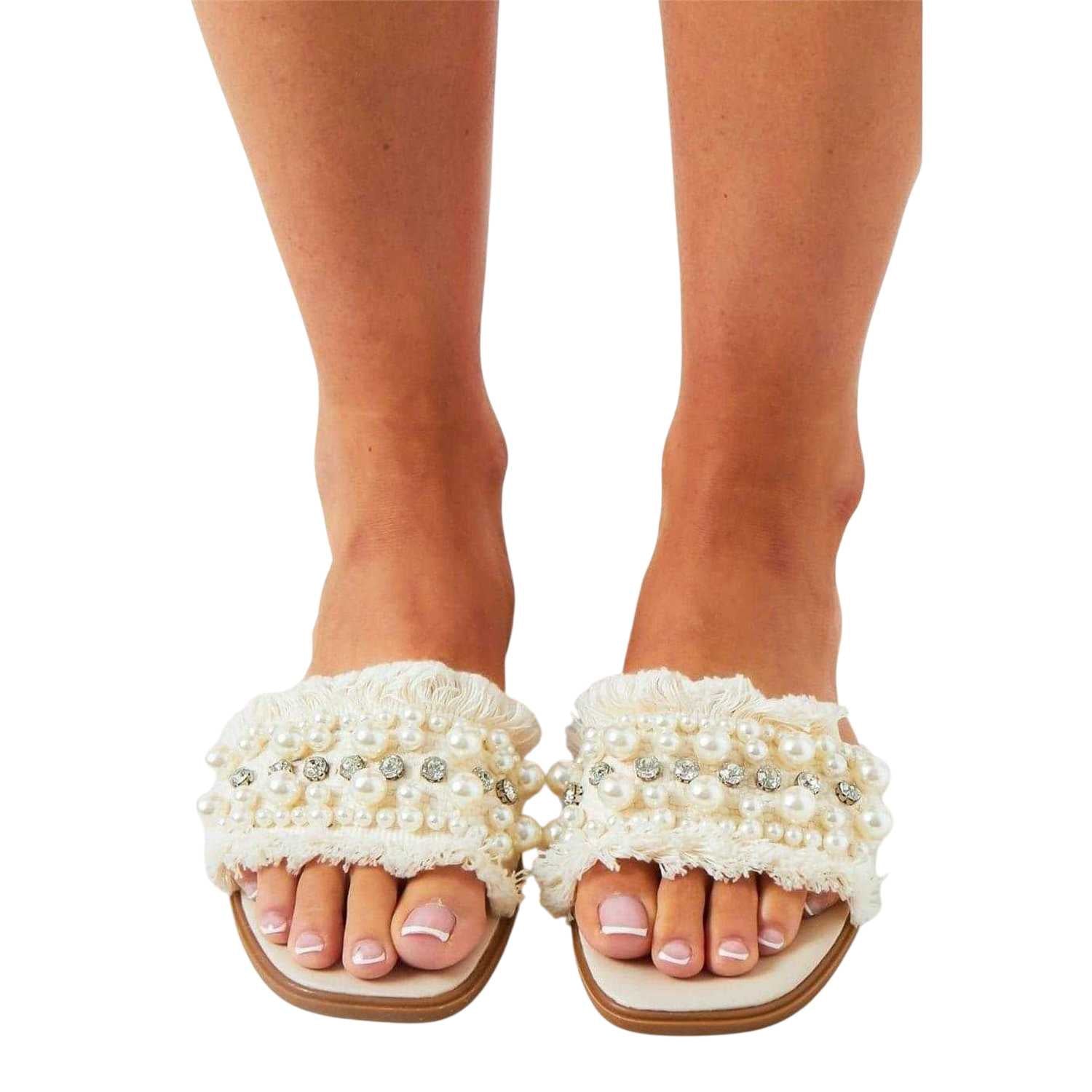 Cream - Back - Missy Empire Womens-Ladies Diamante Suede Sandals